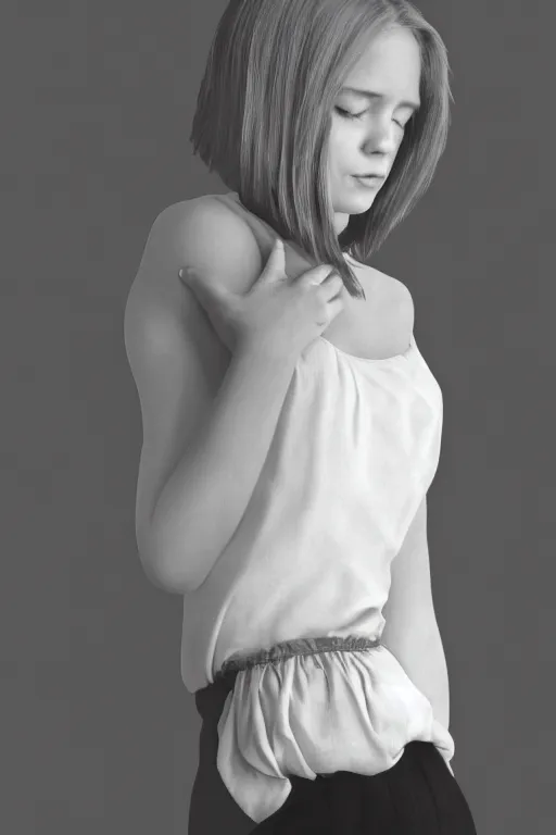 Image similar to portrait of a girl in long pants and a top, hands in pockets, eyes closed, bob haircut, digital art, black and white