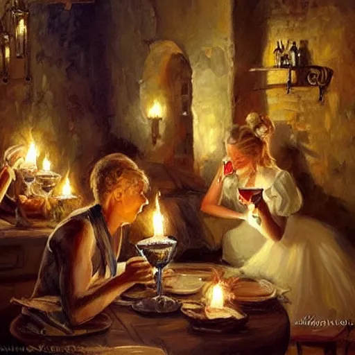 Image similar to wine cellar full of food, torches on the wall, schnapps, romantic, inviting, cozy, blonde woman, painting Vladimir Volegov