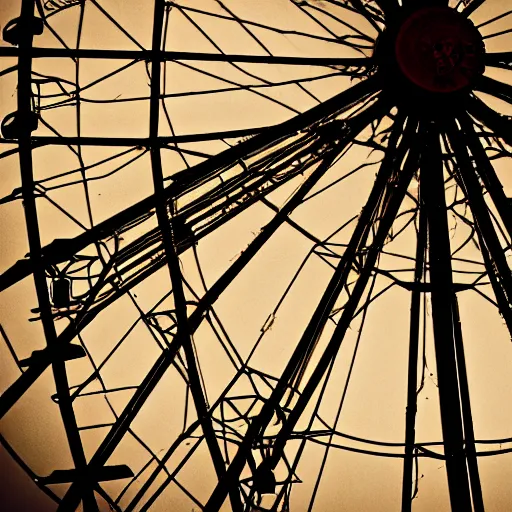 Image similar to an old abandoned rusty ferris wheel, in a town filled with pale yellow mist. Dystopian. Grainy. Award-winning photo. Sigma 40mm f/1.4 DG HSM