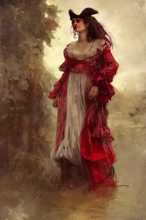 Prompt: Solomon Joseph Solomon and Richard Schmid and Jeremy Lipking victorian genre painting full length portrait painting of a young beautiful woman traditional german french pirate wench in fantasy costume, red background