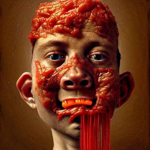 Image similar to half boy half rhino made of spaghetti and tomato sauce, looking straight into camera, screaming in pain, by giuseppe arcimboldo and ambrosius benson, renaissance, fruit, intricate and intense oil paint, a touch of beksinski and hr giger and edward munch, realistic