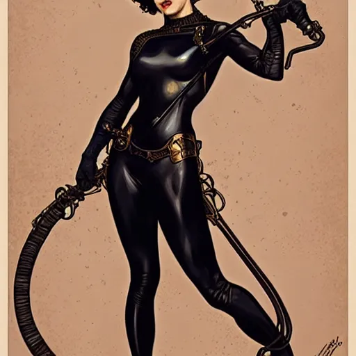 Image similar to kate micucci as catwoman, fantasy, d & d, intricate, detailed, by by alphonse mucha, adolfo hohenstein, alice russell glenny, stanley artgerm lau, greg rutkowski, detailed, trending on artstation, trending on artstation, smooth