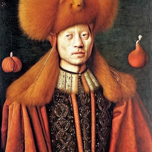 Image similar to portrait of a king with an orange cats head for a head, oil painting by jan van eyck, northern renaissance art, oil on canvas, wet - on - wet technique, realistic, expressive emotions, intricate textures, illusionistic detail