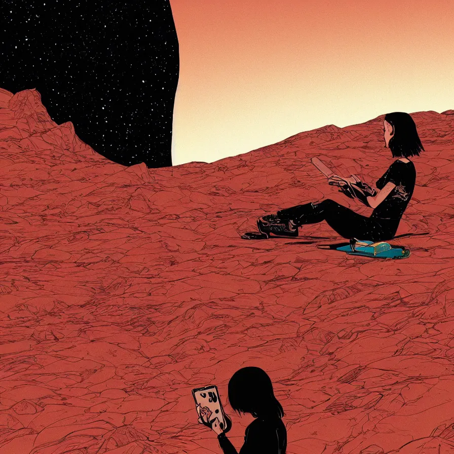 Image similar to very detailed, prophet graphic novel, ilya kuvshinov, mcbess, rutkowski, simon roy, illustration of a girl sitting alone on the surface of mars while staring at her phone, wide shot, colorful, deep shadows, astrophotography, award winning