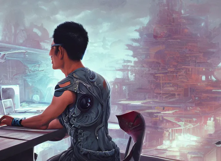 Image similar to an insanely detailed painting of an asian man wearing a homemade superhero costume, sitting at a desk, staring seriously at the computer and typing, in the style of peter mohrbacher, james jean, artgerm, dramatic lighting and composition, surreal background, octane render, pixar, trending on artstation, concept art, comic book, view from behind, 8 k