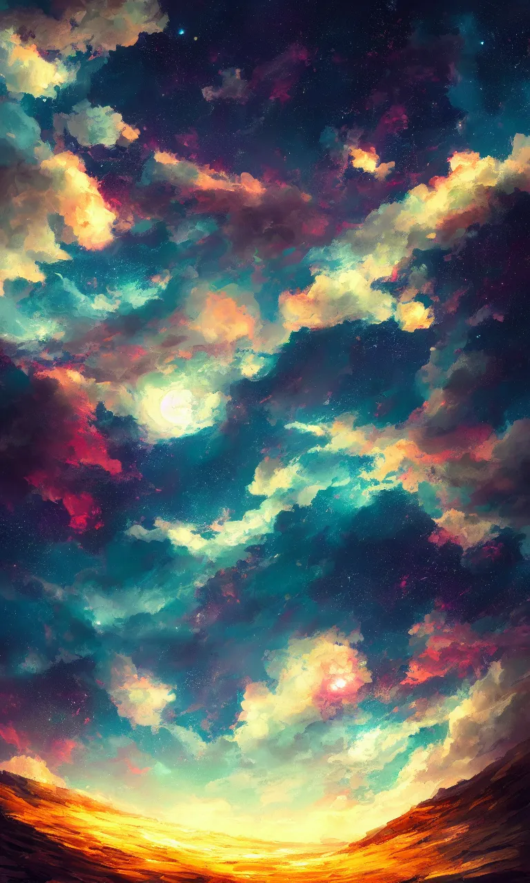 Prompt: a beautiful painting of fire sea, starry sky, moon, cloud, by liam wong and yuumei and yanjun chen, trending on artstation