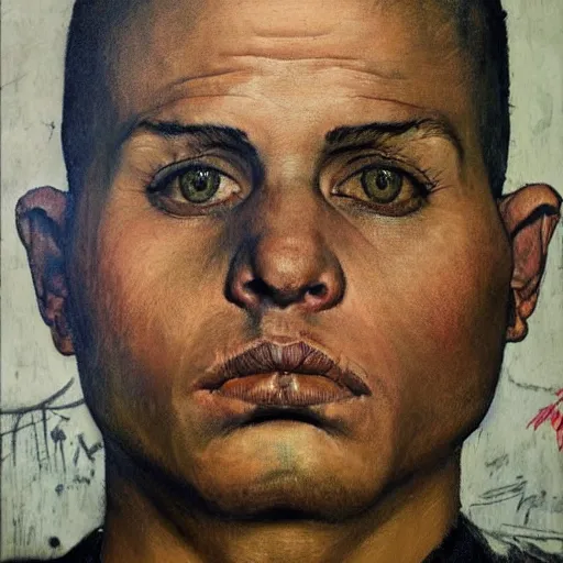 Image similar to A Frontal portrait of a heavily tattooed MS-13 gang member as a prisoner awaiting sentancing. A painting by Norman Rockwell.