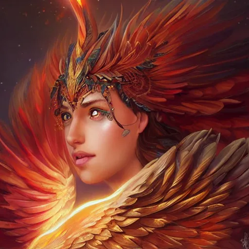 Image similar to cute flying phoenix, sparkling eyes, embers in her eyes, shining eyes, sharp features, flowing fiery feathers, highly detailed, digital painting, artstation, concept art, smooth, sharp focus, beautiful feathers, expressive eyes, illustration, phoenix art by Artgerm and greg rutkowski and alphonse mucha