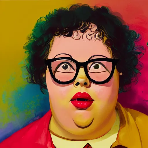 Prompt: colorful and festive cute young plus size todd solondz with tan skin, clear sharp todd solondz face, wearing yellow floral blouse. full body, rich vivid pastel colors, ambient lighting, dynamic lighting, 4 k, atmospheric lighting, painted, intricate, highly detailed by francis bacon and charlie bowater and jenny saville