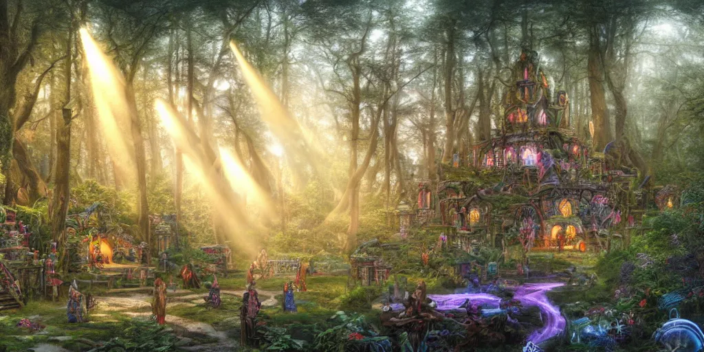 Prompt: detailed veduta of a camp in a magical forest with tall trees and statues of ancient goddesses, heroes of might and magic 3, whimsical, fairy tale, hyper realistic, volumetric lighting, sunshafts, dan mumford, thomas kinkade, realistic, a beautiful epic stunning amazing and insanely detailed veduta of fantasy dream worlds with surreal architecture designed by Heironymous Bosch, mega structures inspired by Heironymous Bosch's Garden of Earthly Delights, vast surreal landscape and horizon by Cyril Rolando and Andrew Ferez, rich pastel color palette, masterpiece!, grand!, imaginative!!, whimsical, epic scale, intricate details, sense of awe, elite, fantasy realism, complex composition, 4k, 8k, HD, wallpaper, octane render, artstation, fractals