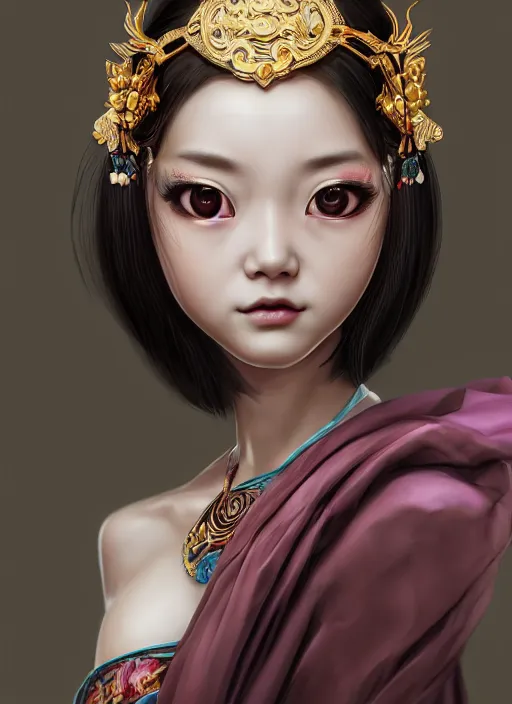 Image similar to beautiful fashion girl in tang dynasty with big eyes, strapless dress, character portrait in the style of thomas river and artgerm, wlop, cinematic lighting, hyperdetailed, 8 k realistic, symmetrical, global illumination, radiant light, halo, love and mercy, frostbite 3 engine, cryengine, dof, trending on artstation, digital art, chanel