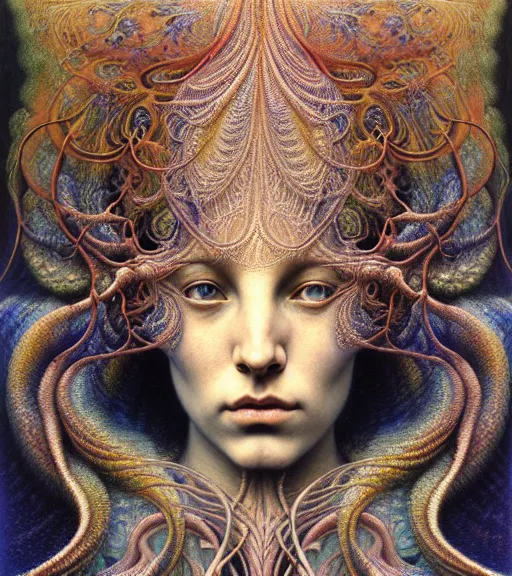 Prompt: detailed realistic beautiful psychedelic goddess face portrait by jean delville, gustave dore, iris van herpen and marco mazzoni, art forms of nature by ernst haeckel, art nouveau, symbolist, visionary, gothic, neo - gothic, pre - raphaelite, fractal lace, intricate alien botanicals, ai biodiversity, surreality, hyperdetailed ultrasharp octane render