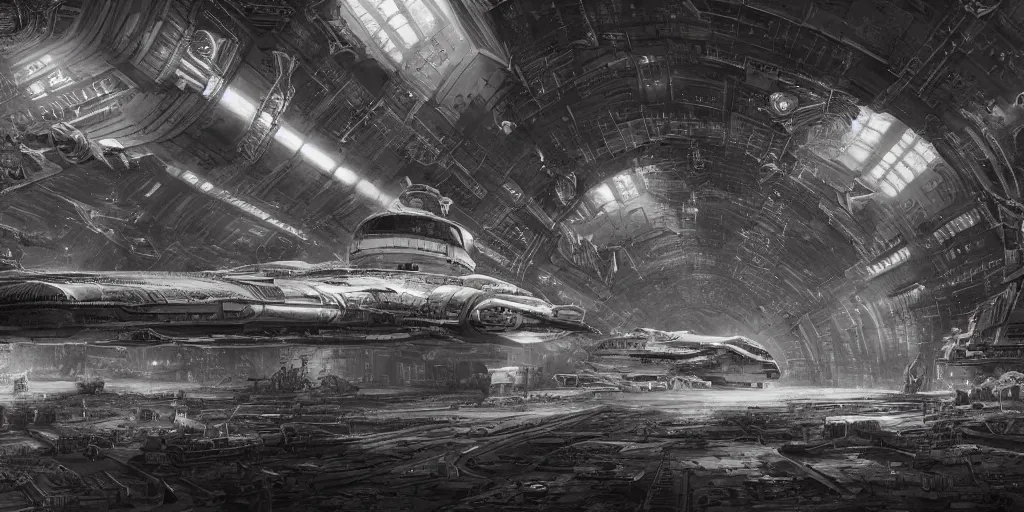 Image similar to an extremely detailed masterpiece epic scene of the inside of a cavernous spaceship cargo bay with various types of parked militarized spacecraft and an opened hanger door space scene in background, in the style of frank kelly freas and lebbeus woods, intricate, elegant, highly detailed, digital painting, artstation, cinematic lighting, extremely moody lighting, glowing light and shadow, 4 k