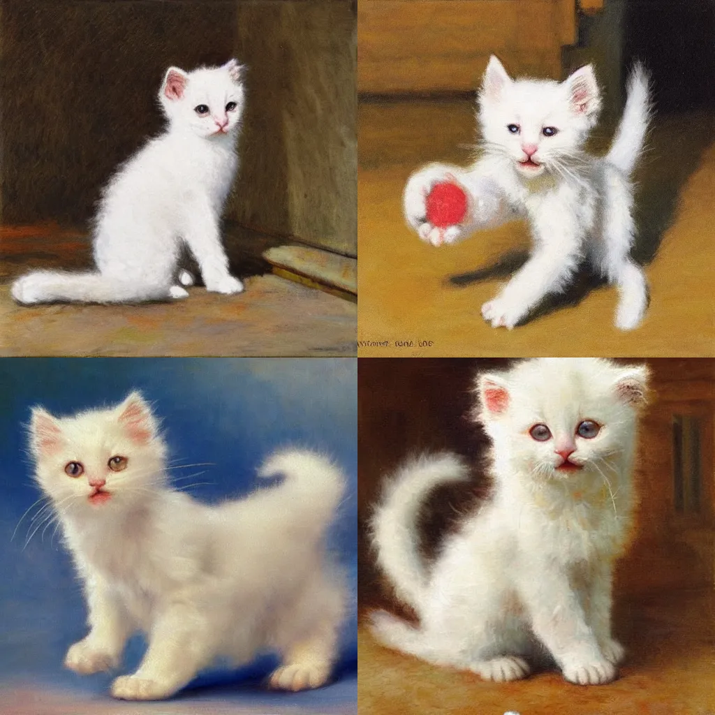 Prompt: a happy white furry kitten playing with a fur ball on a sunny day, impressionism,