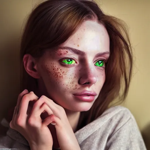 Image similar to intricate portrait of a cute thin young woman, light bronze brown hair, very detailed vivid green eyes, red blush, light freckles, soft smile, casual clothes, relaxing on the couch, home interior, golden hour, close up shot, 8 k, art by irakli nadar, hyperrealism, hyperdetailed, ultra realistic