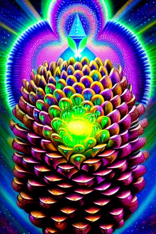 Prompt: a photorealistic detailed image of a beautiful vibrant iridescent perfect geometric neon pinecone, spiritual science, divinity, utopian, by david a. hardy, hana yata, kinkade, lisa frank,