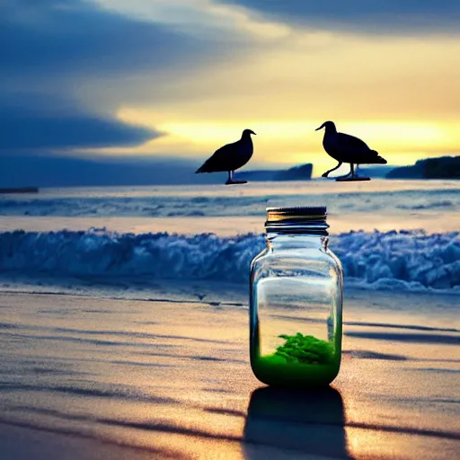 Prompt: a jar of seagulls on the beach at sunset, high resolution, Summer, artistic, award winning, masterpiece