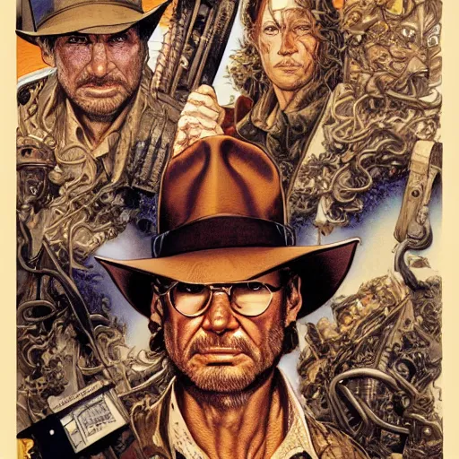 Image similar to portrait of crazy indiana jones, symmetrical, by yoichi hatakenaka, masamune shirow, josan gonzales and dan mumford, ayami kojima, takato yamamoto, barclay shaw, karol bak, yukito kishiro