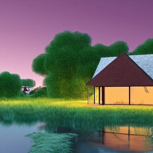 Image similar to a relaxing landscape with a singular house near a river at sunset in Pixar style