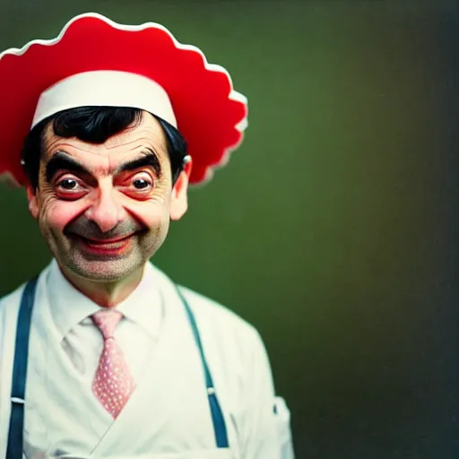 Prompt: close - up of mr. bean joyfully serving you tea at a japanese maid cafe, frilly outfit, soft focus, national geographic, depth of field, 3 5 mm, 8 k, photograph by annie leibovitz