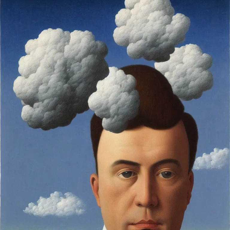 Image similar to portrait of a man whos head is made of clouds, by rene magritte, detailed painting, hd, hq, high resolution, high detail, 4 k, 8 k