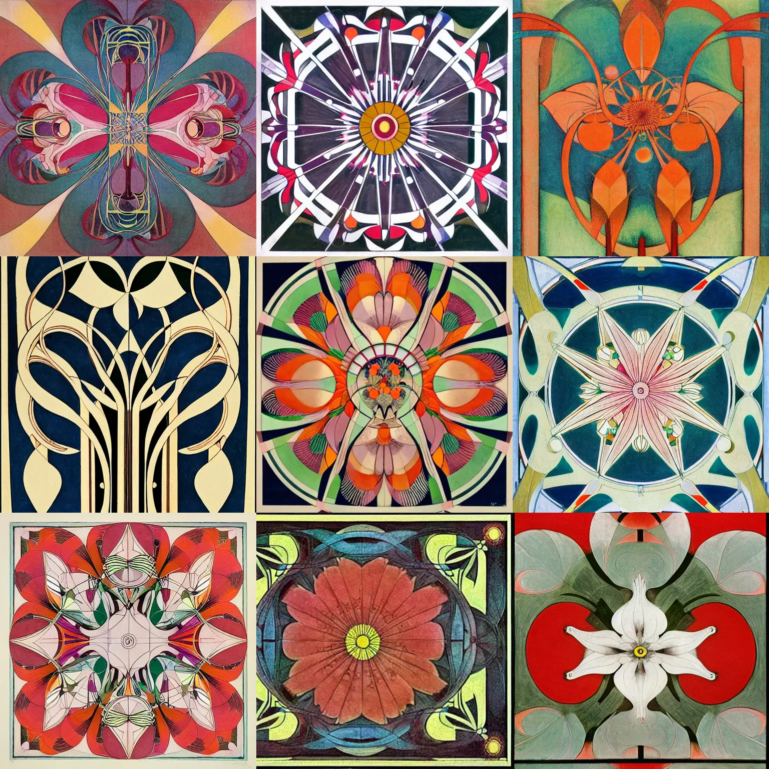 Prompt: flower ( ( art deco ) ) ( ( art nouveau ) ) ( ( ( bauhaus ) ) ), intricate detail, sharp focus, ( colorful ), ( symmetrical ), by ( hilma af klint ) and escher and hokusai and ( botticelli ) and frank lloyd wright and ( ( james jean ) )