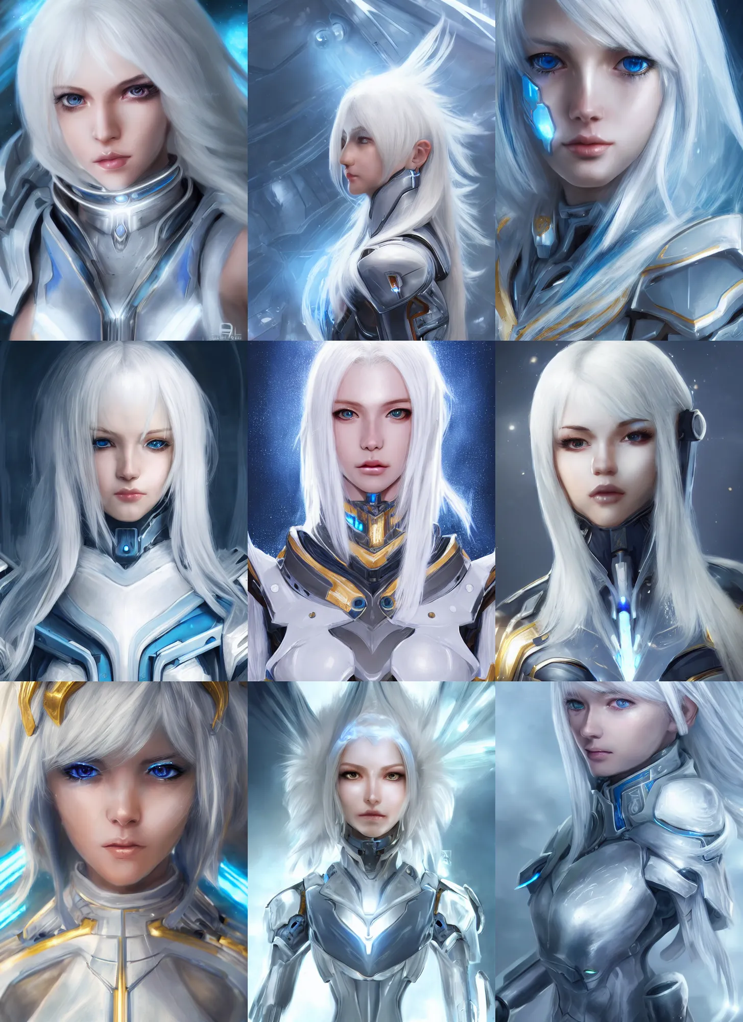 Prompt: detailed portrait of perfect white haired girl, android, warframe armor, beautiful, dreamy, pretty face, blue cyborg, eyes, innocent, scifi, 4 k, blue, gold, sun yunjoo, ultra realistic, aura of light, cinematic lighting, highly detailed, sharp focus, masterpiece, art by won kim