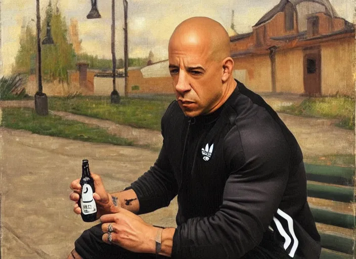 Prompt: vin diesel in black adidas sport costume, as gopnik character, sitting on a bench with a bottle of beer and a smartphone, in the courtyard of a provincial russian town, intricate, oil on canvas, naturalism