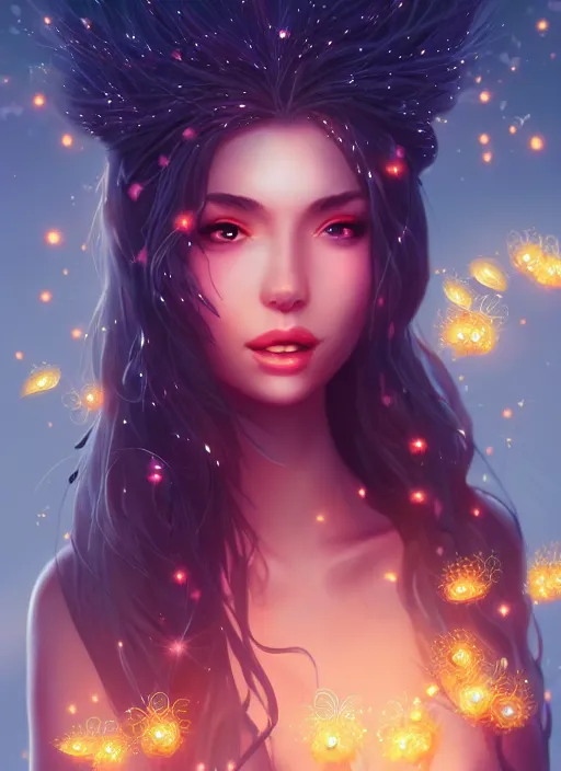 Image similar to a goddess of the night surrounded by fireflies, highly detailed, artgerm style, artstation, soft light, sharp focus, illustration, character design, concept art