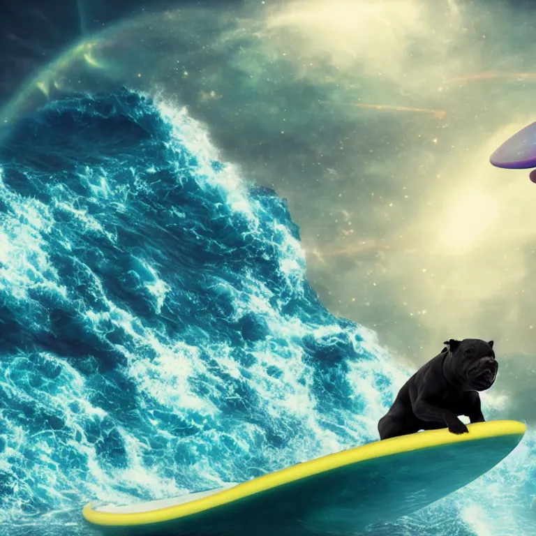 Prompt: photo of a female black coat pit bull with white paws, surfing on a surfboard in a crashing wave of alien ocean in space, background is an alien galaxy, aliens in the background, alien colors, octane render, unreal engine, wide view, 8 k, high detaild