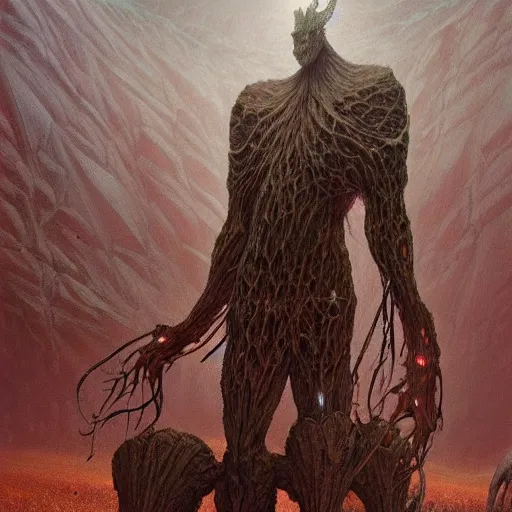 Image similar to concept art of a slender giant fractal golem, elegant, day time, foreboding, fantasy, valley, wayne barlowe