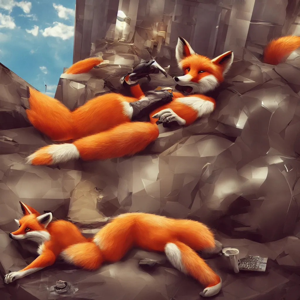 Prompt: anthropomorphic, furry, anthro, fox lounging in a futuristic hotel, film scene