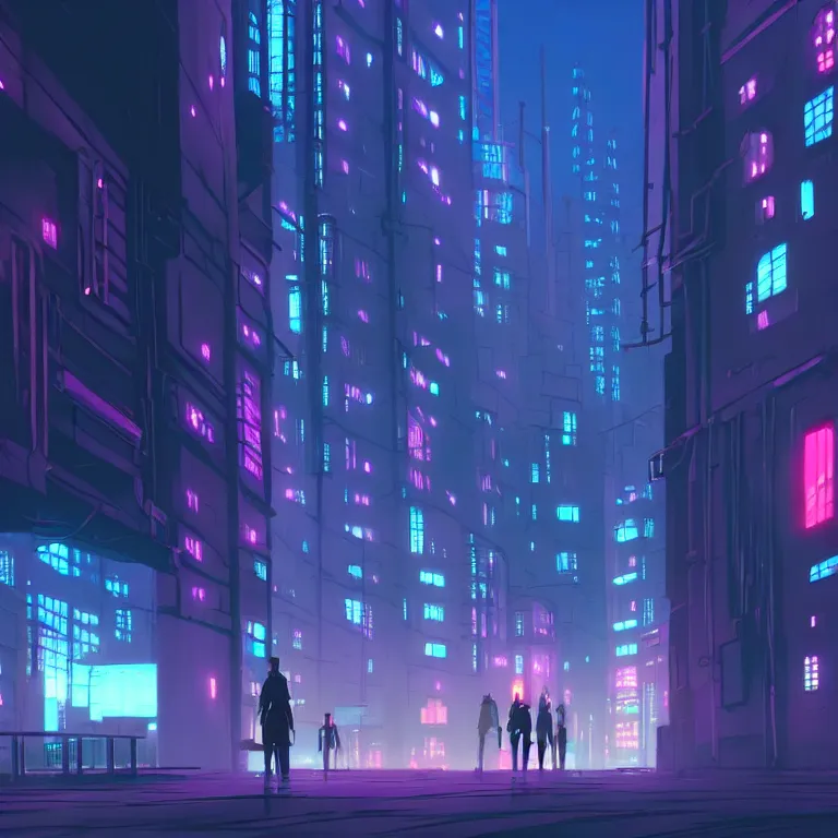 Prompt: city wall in the atmospheric cyberpunk anime film, gouache matte background painting, neon noir, at night with lights, by makoto shinkai, in the anime series ergo proxy, beautiful specular edge highlights and rim lighting