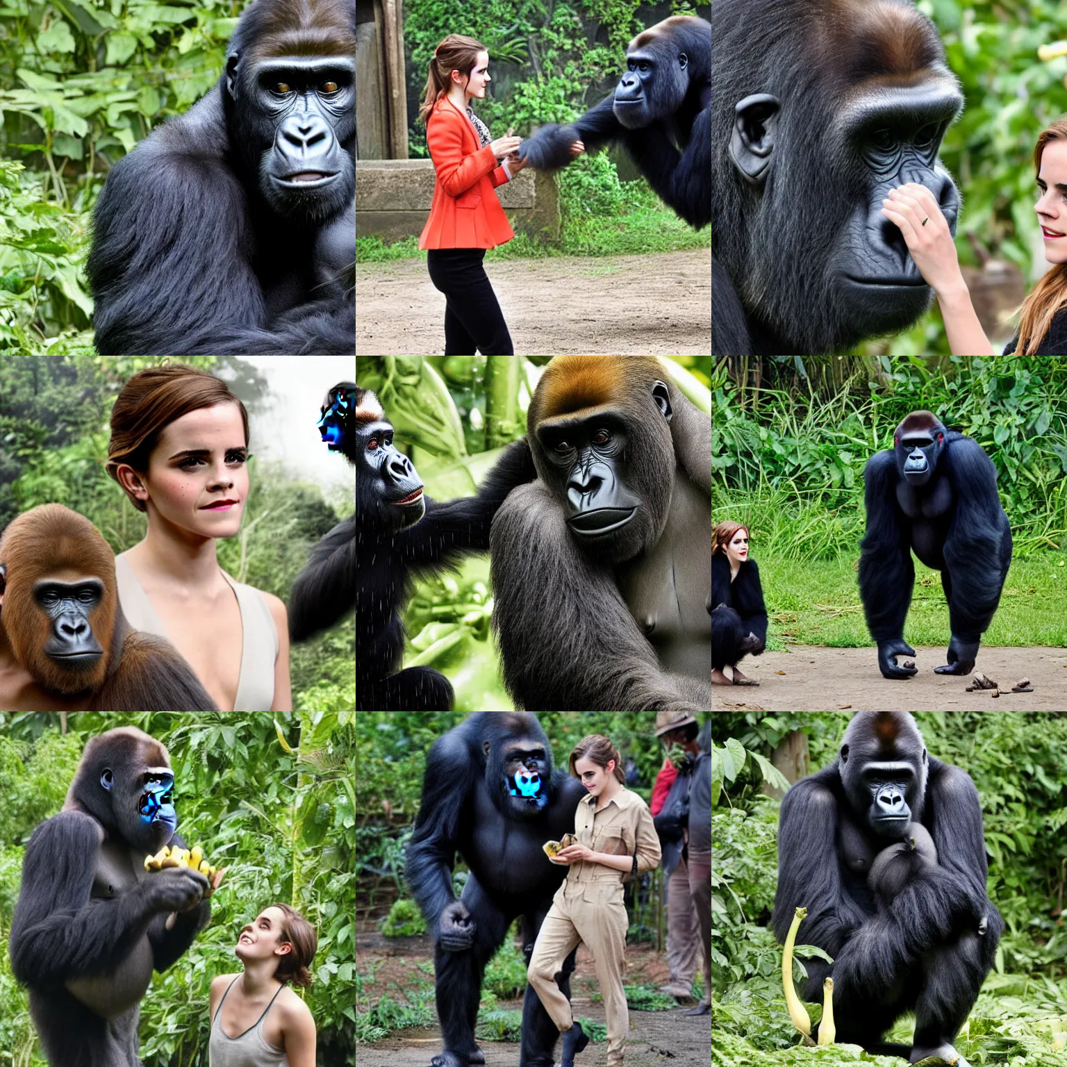Prompt: Emma Watson in a zoo with a gorilla as it is raining bananas