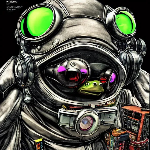 Image similar to a portrait of an anthropomorphic cyberpunk frog in a motorcycle helmet, detailed render, tape deck, boombox, headphones, epic composition, cybernetics, 4 k realistic, cryengine, realistic shaded lighting, sharp focus, masterpiece, by matteo scalera, gary montalbano, peter elson in the style of the tokyo ghost comic