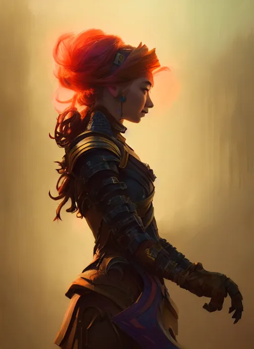 Image similar to side portrait, imogen poots, paladin, fantasy, gloomhaven, luminescent, organic painting, matte painting, bold shapes, hard edges, gaudy colors, octane render, unreal engine, by greg manchess, huang guangjian, greg rutkowski, jesper ejsing