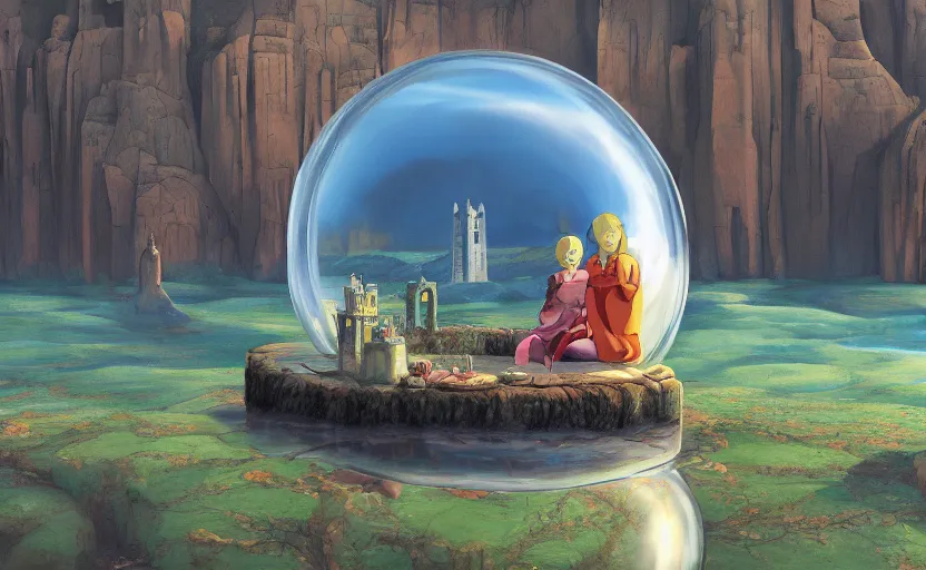 Image similar to a scary hyperrealist painting of a guru in a giant transparent bubble from howl's moving castle ( 2 0 0 4 ) in a flooded monument valley stonehenge jungle. depth perception, 4 k, artstation, in the style of studio ghibli