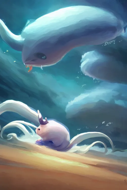 Prompt: a very cute sea slug with long horns, by rhads, makoto shinkai and lois van baarle, johannes voss, low angle fisheye view, sky whith plump white clouds, elegant, highly detailed, artstation, 8 k, unreal engine, hdr, concept art, volumetric lighting matte