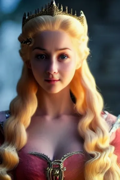 Image similar to very very intricate photorealistic photo of a realistic human version of princess peach in an episode of game of thrones, photo is in focus with detailed atmospheric lighting, award - winning details