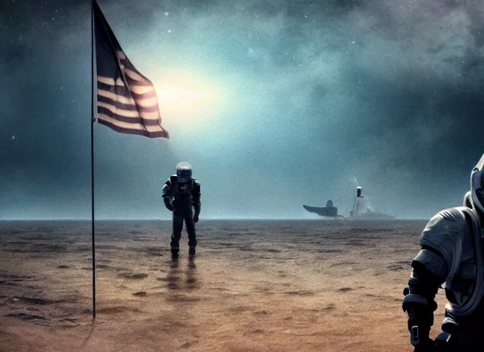 Image similar to astronaut holding a flag in an underwater desert. a submarine is visible in the distance. dark, concept art, cinematic, dramatic, atmospheric, 8 k, trending on artstation, blue, fish, low visibility, fog, ocean floor, christopher nolan, interstellar