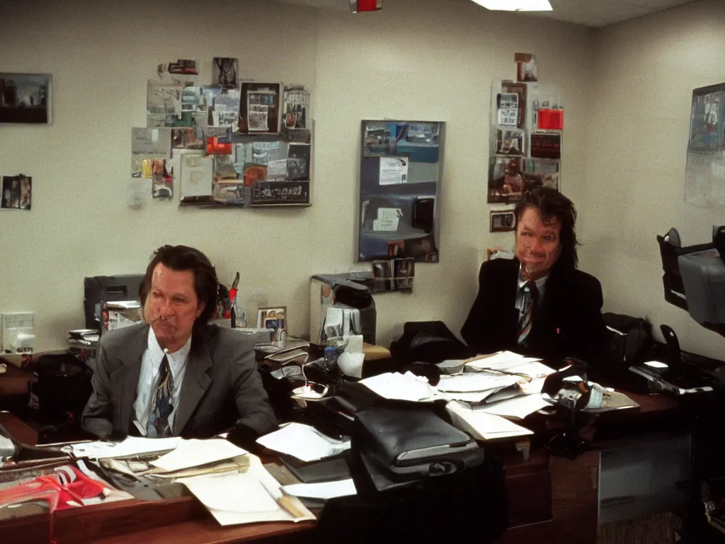 Prompt: bob of twin peaks in 9 0 s cubicle office