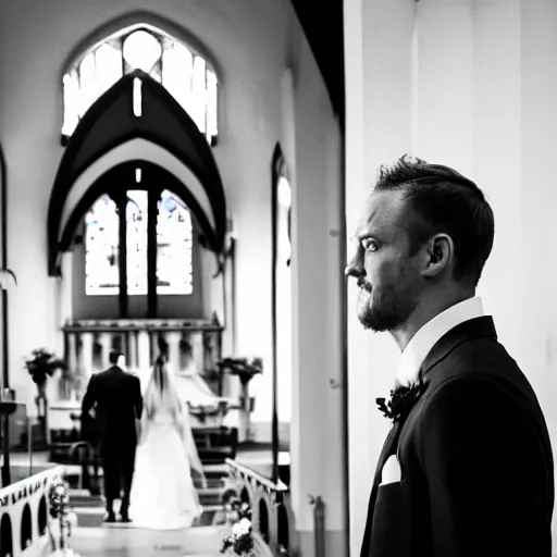 Image similar to a photography of a man in a suit barging into a church to interrupting a wedding