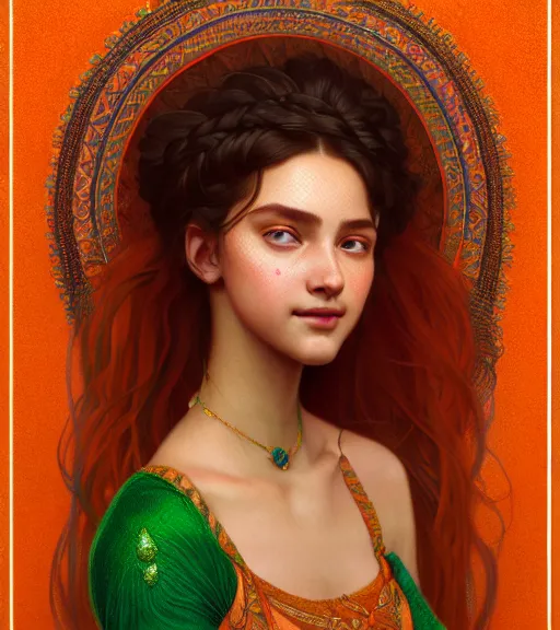 Image similar to portrait of teenage godess, snake hair, naughty smile, wearing an embroidered orange tunic, intricate, elegant, copper and emerald jewelry, glowing lights, seductive. highly detailed, digital painting, artstation, concept art, smooth, sharp focus, illustration, art by wlop, mucha, artgerm, and greg rutkowski