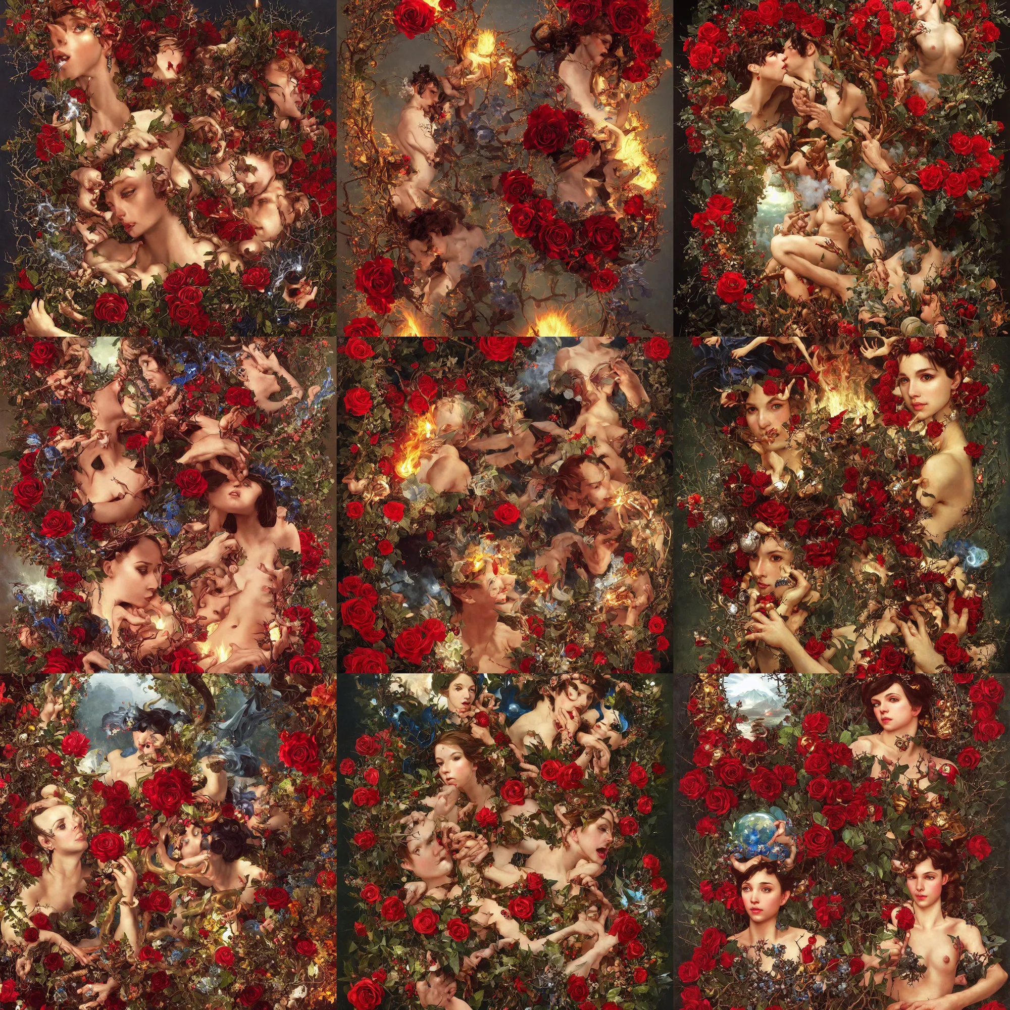 Prompt: video games illustration for a fire ball, sapphires, diamonds and ruby, a wreath of thorns, roses, horns, snakes, smoke, flames, full-length, very detailed, painted by Caravaggio, Greg rutkowski, Sachin Teng, Thomas Kindkade, Alphonse Mucha, Norman Rockwell, Tom Bagshaw.