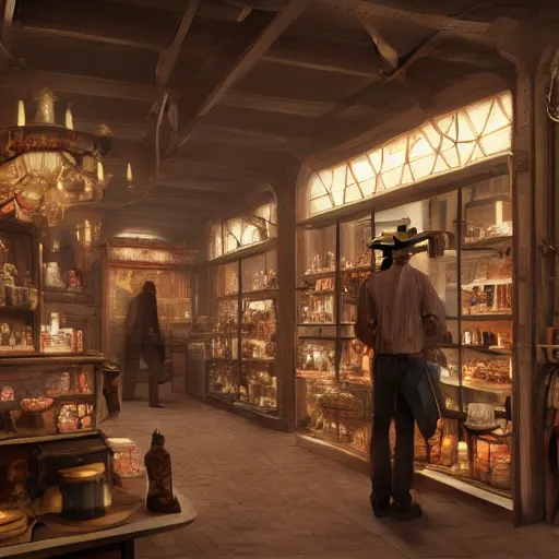 Prompt: A hyper realistic matte painting of interior of a western style shop with shopkeeper, 4k, artstation, cgsociety, cinematic lighting