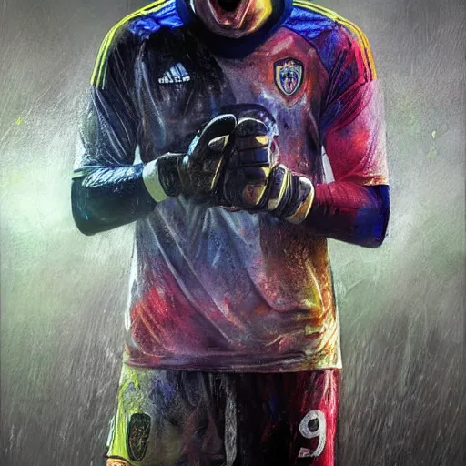 Image similar to A realistic hyperdetailed multi-colored digital oil full body portrait painting of a goal keeper crying on a soccer field in the style of Guy Denning, Ruan Jia, and Craig Mullins. Trending on ArtStation and DeviantArt. CGSociety Digital art.