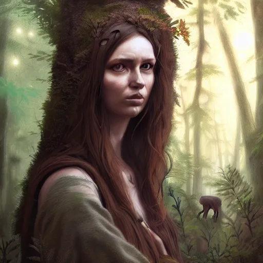 Image similar to a female woodland druid surrounded by forest animals, in the woods, hyper realistic, digital painting, photorealistic, in the style of greg rutkowski, detailed face