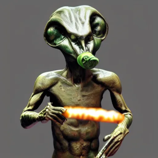 Prompt: hyperreal alien statue smoking cigar in universe