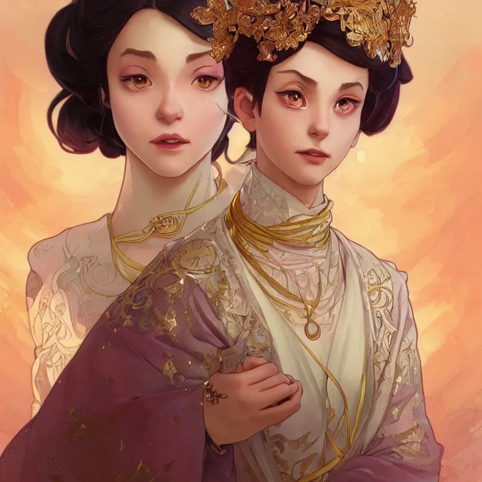 Prompt: kamado nezuko with sparkling eyes, closed up portrait, highly detailed, gold filigree, fantasy, soft cinematic lighting, award, disney concept art, watercolor illustration by mandy jurgens and alphonse mucha and alena aenami, pastel color palette, featured on artstation