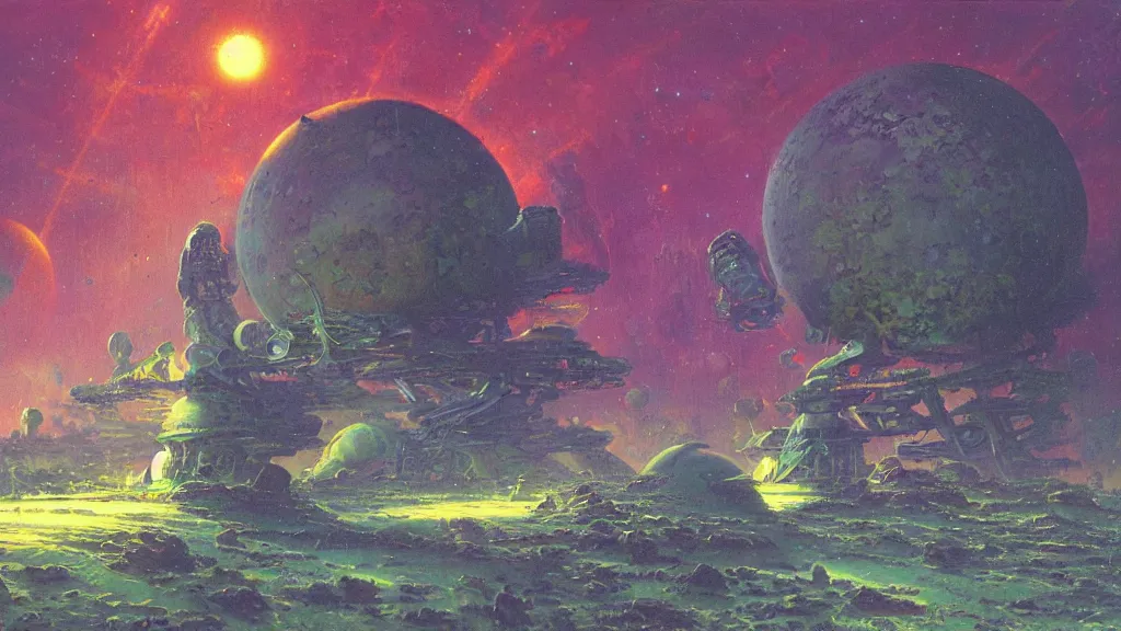 Image similar to a tall spaceship landing on a strange eerie alien planet by Paul Lehr and Bruce Pennington